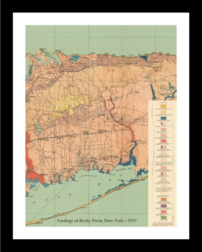 Geologic Map of Long Island, NY, 1913 - Custom Crop (Rocky Point), Framed