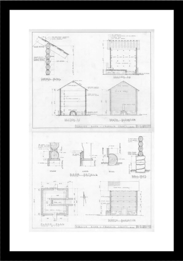 1898 North Carolina Tobacco Barn Floor Plan and Elevations (Sheets 1 and 2) - 13x21 Framed w/ 2 inch white mat