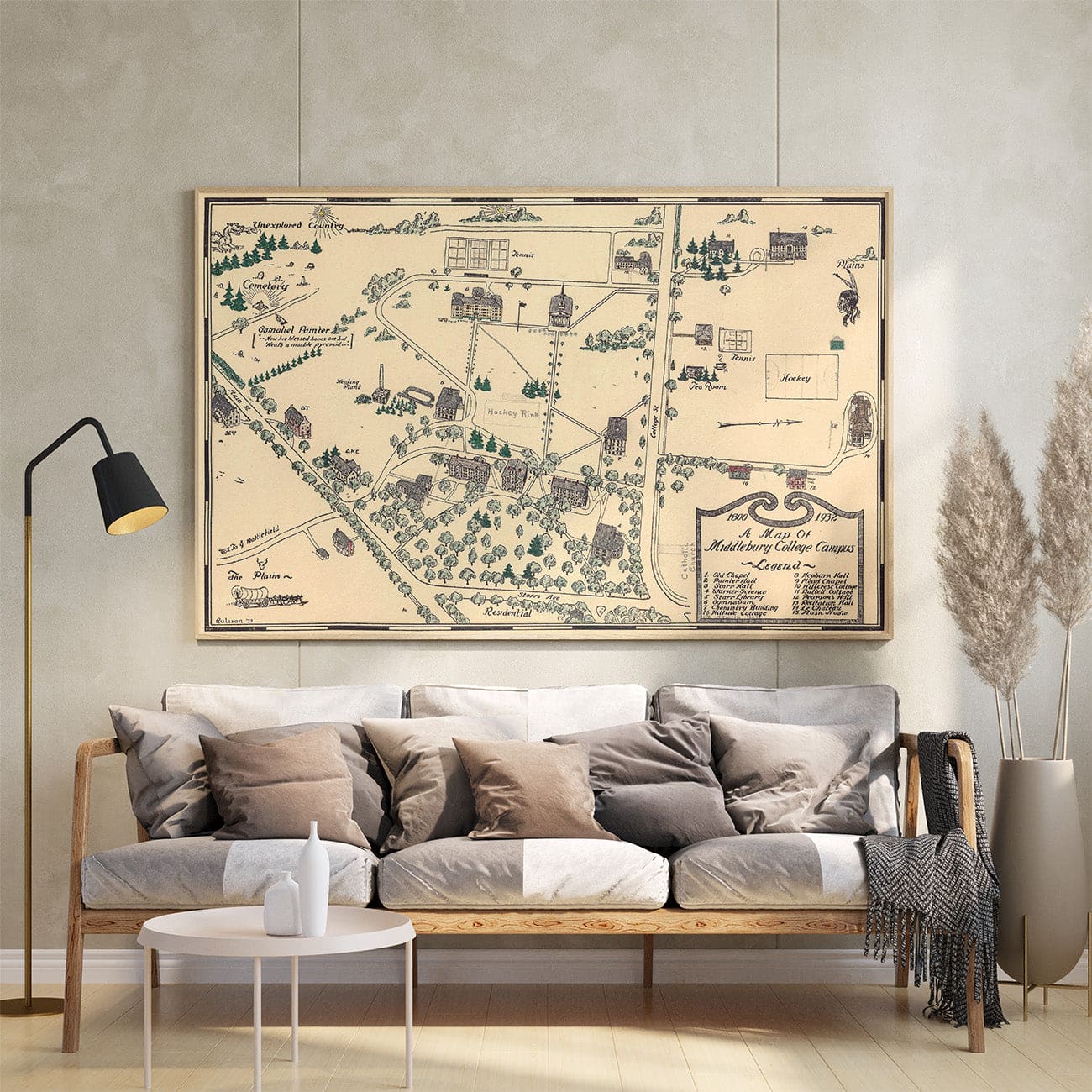 Historic Map -, 1800-1932. A map of Middlebury College campus - Vintage Wall Art