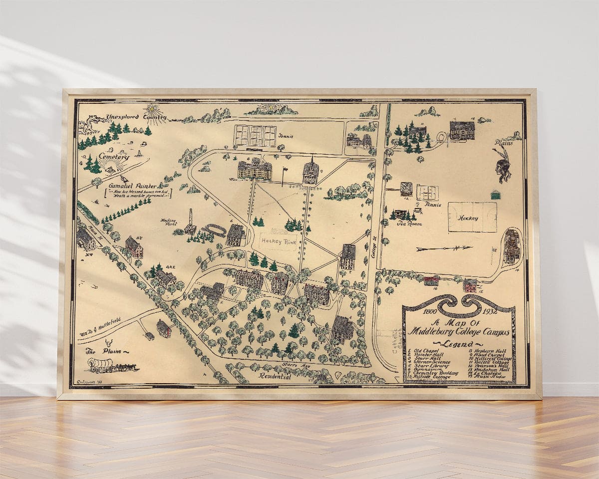 Historic Map -, 1800-1932. A map of Middlebury College campus - Vintage Wall Art