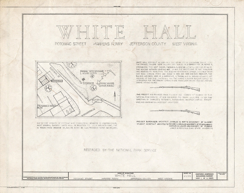 Blueprint HABS WVA,19-HARF,18- (Sheet 1 of 8) - White Hall, Potomac Street, Harpers Ferry, Jefferson County, WV