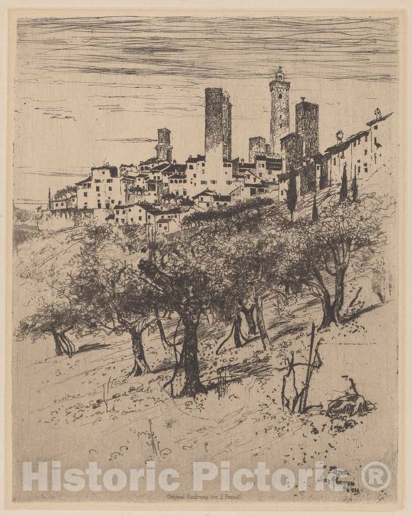 Art Print : Joseph Pennell, San Gimignano, 1883 - Vintage Wall Art