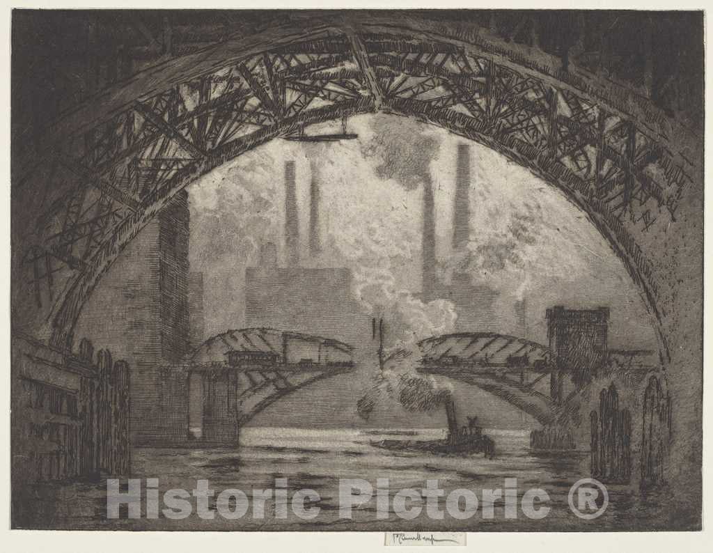 Art Print : Joseph Pennell, Under The Bridges, Chicago, 1910 - Vintage Wall Art
