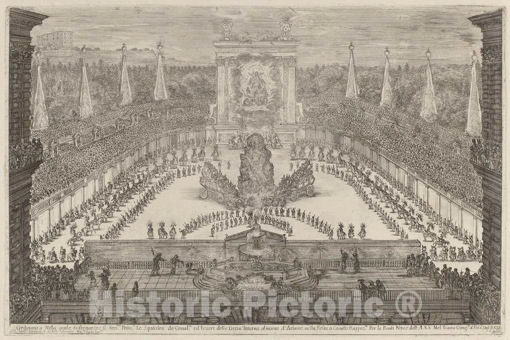 Art Print : Stefano Della Bella, The Prince of Tuscany, His Horse Troops and Carriages Around Mount Atlas, 1661 - Vintage Wall Art