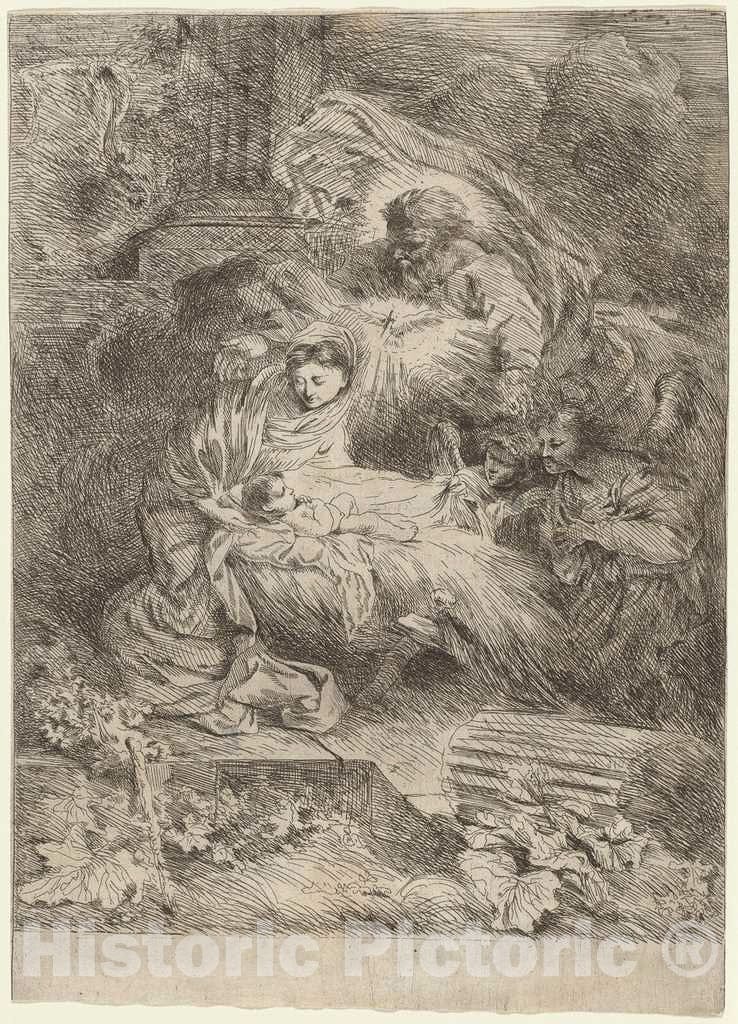 Art Print : Giovanni Benedetto Castiglione, The Nativity with God The Father and The Holy Spirit, c. 1645 - Vintage Wall Art