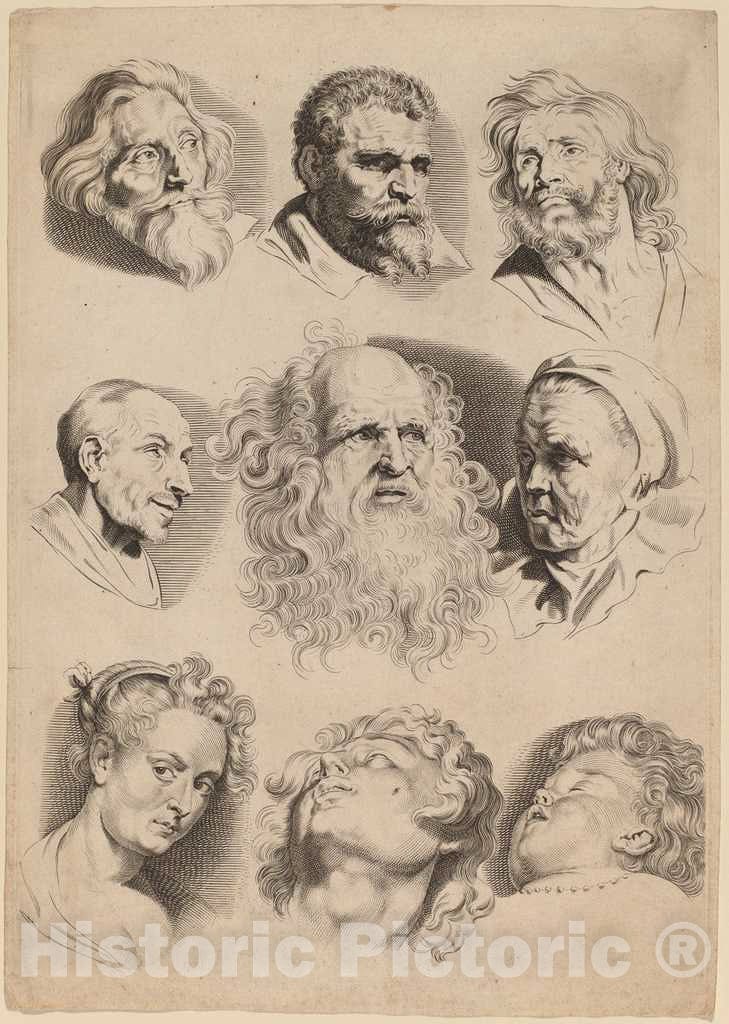 Art Print : Pontius After Rubens, Nine Heads - Vintage Wall Art