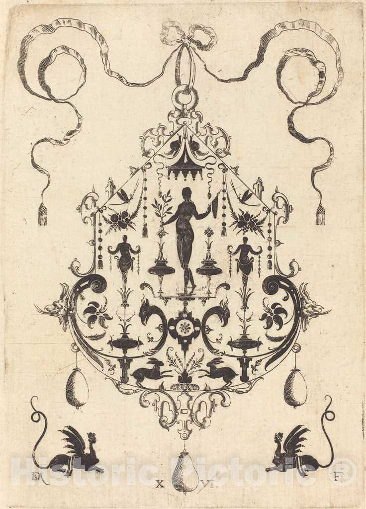 Art Print : Daniel Mignot, Large Pendant, Victory Flanked by Two Herms at Centre, 1596 - Vintage Wall Art