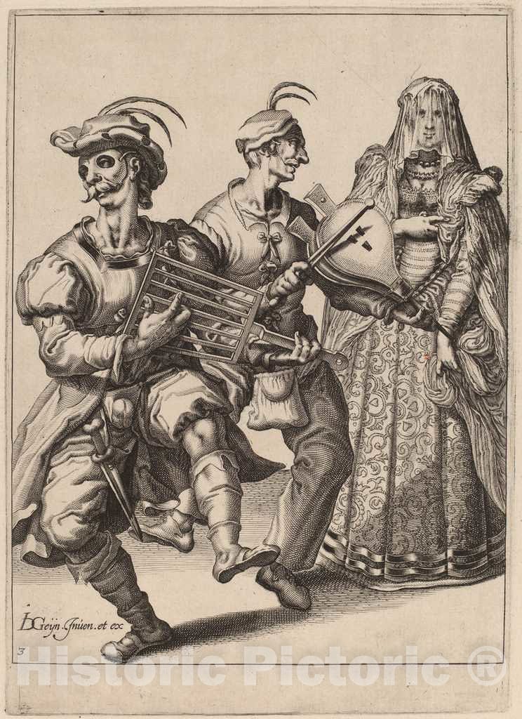 Art Print : Dolendo After Gheyn II, A Veiled Woman with Two Musicians Playing a Gridiron and a Bellows, c.1596 - Vintage Wall Art