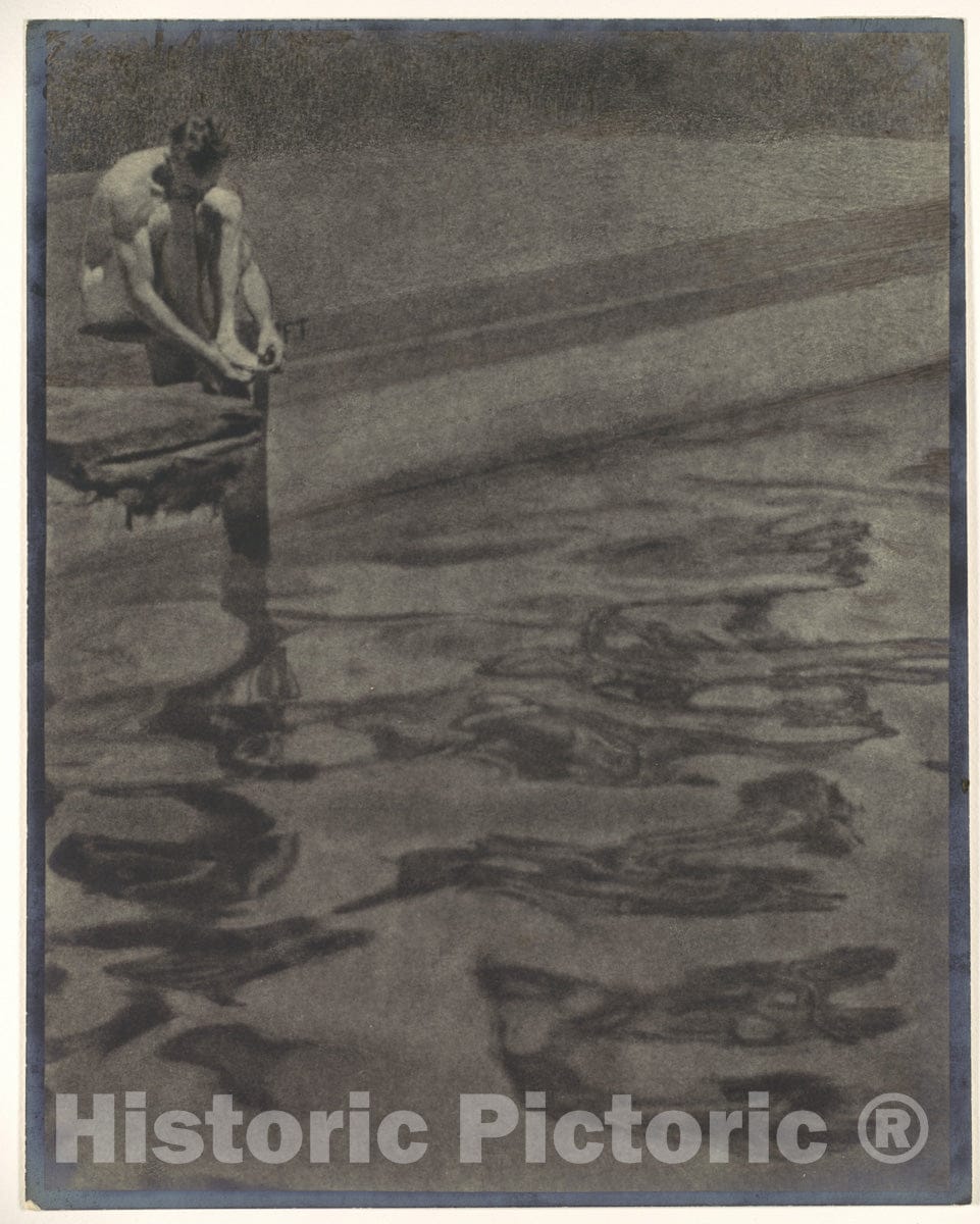 Photo Print : Louis Fleckenstein - Man Sitting at Edge of Swimming Pool with Surface Water Reflections : Vintage Wall Art