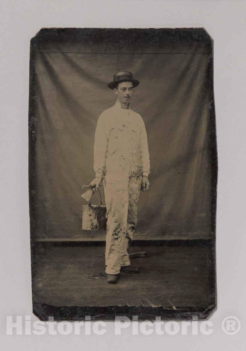Art Print : Painter in Paint-spattered Overalls with Brushes and Paint Can - Artist Unknown : Vintage Wall Art