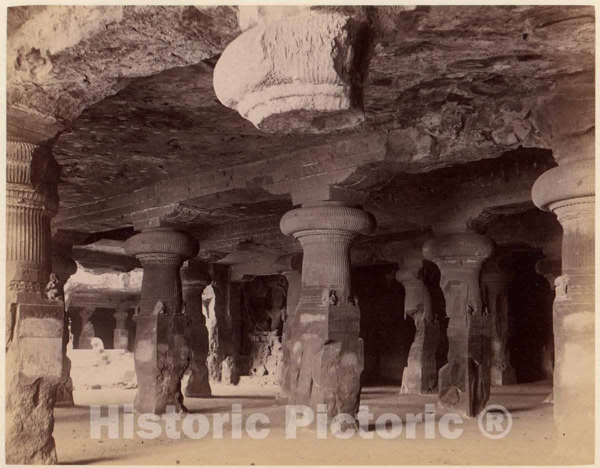 Photo Print : Pillars in The Monolithic Temple at Elephanta, Near Bombay : Vintage Wall Art