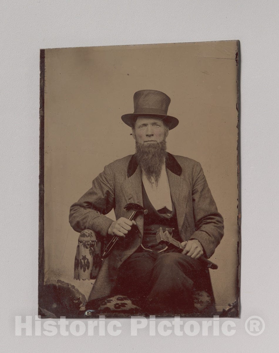 Art Print : Man in Top Hat Holding a Hammer and Wrench - Artist Unknown : Vintage Wall Art