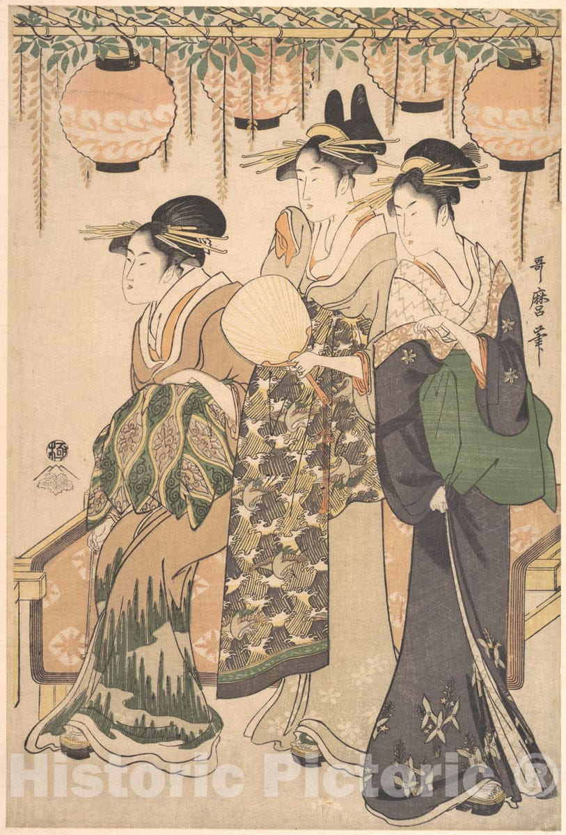 Art Print : Kitagawa Utamaro - Courtesans Beneath a Wisteria Arbor (Fuji Dana shita no y?jo tachi) - Japan : Vintage Wall Art