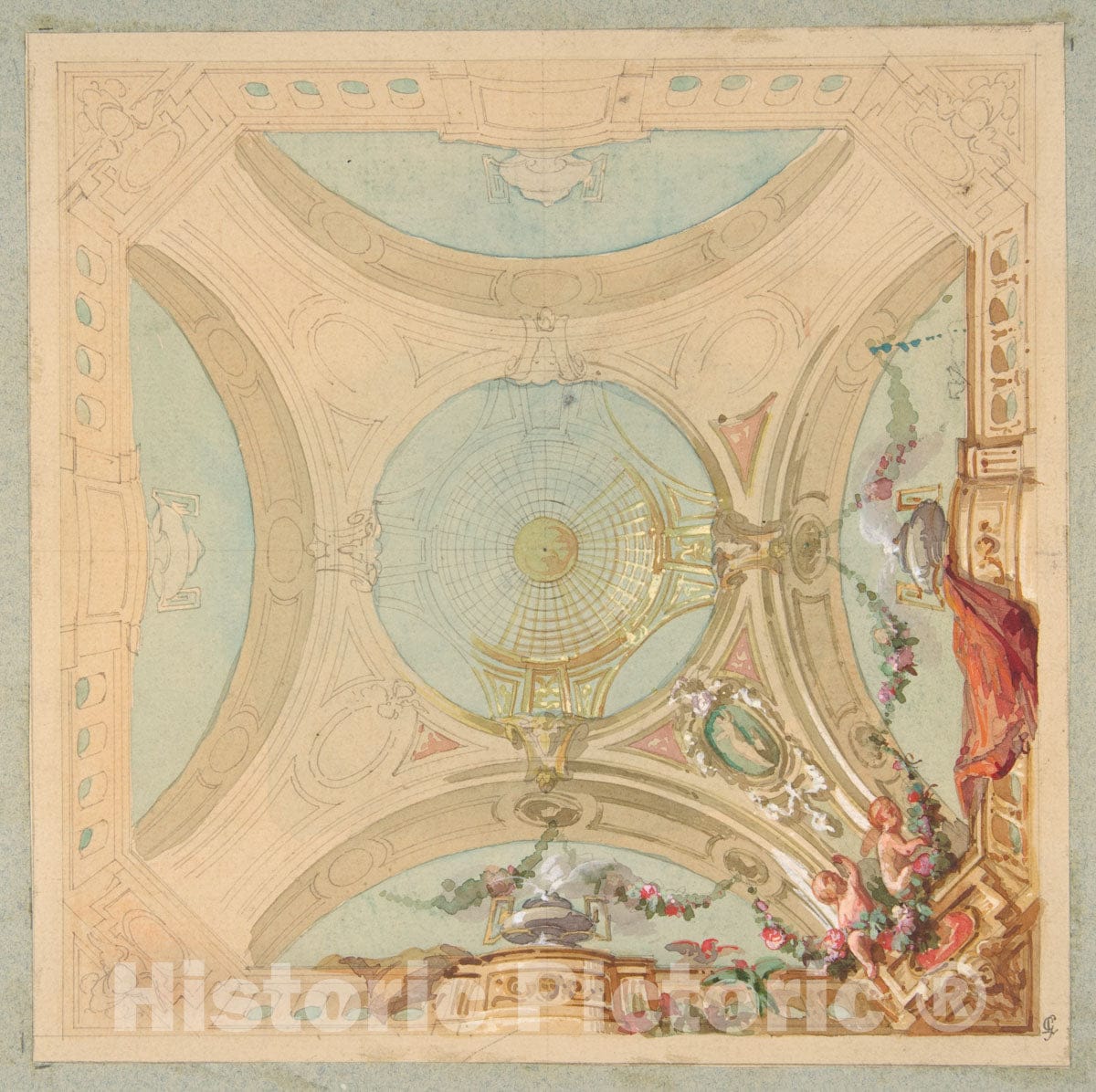 Art Print : Jules-Edmond-Charles Lachaise - Design for a Ceiling with Garland Bearing putti : Vintage Wall Art