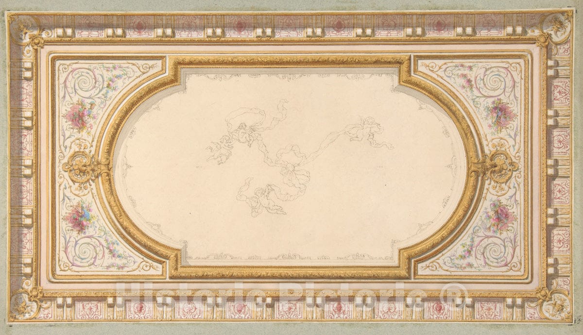 Art Print : Jules-Edmond-Charles Lachaise - Design for a Ceiling with Ribbon Bearing putti : Vintage Wall Art