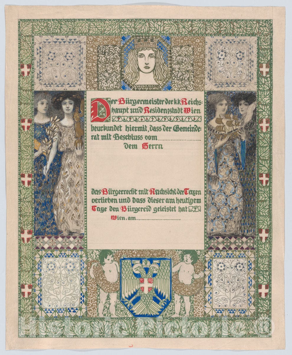 Art Print : Erwin Puchinger - Design for a Certificate of citizenship, Awarded by The City of Vienna 2 : Vintage Wall Art