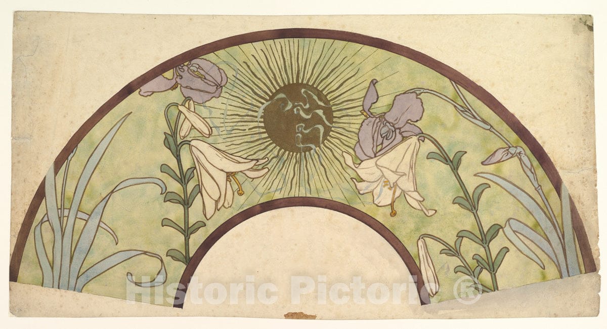 Art Print : Alphonse Mucha - Design for a Fan with Sunburst, Lilies, and Irises : Vintage Wall Art