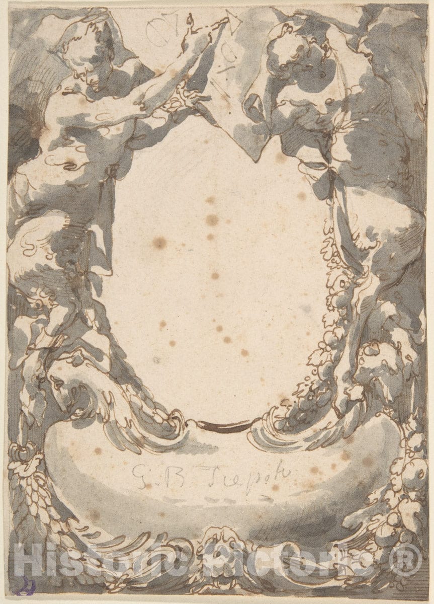 Art Print : Italian, Venetian, 18th Century - Design for a Double Cartouche flanked by Satyrs (Frontispiece?) : Vintage Wall Art