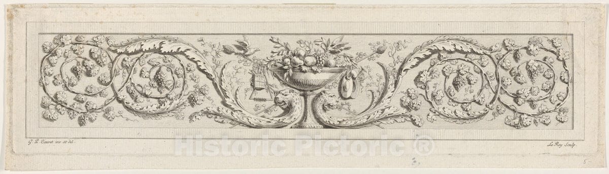Art Print : Gilles Paul Cauvet - Design for a Frieze with Acanthus Scrolls and a Vase in The Center : Vintage Wall Art