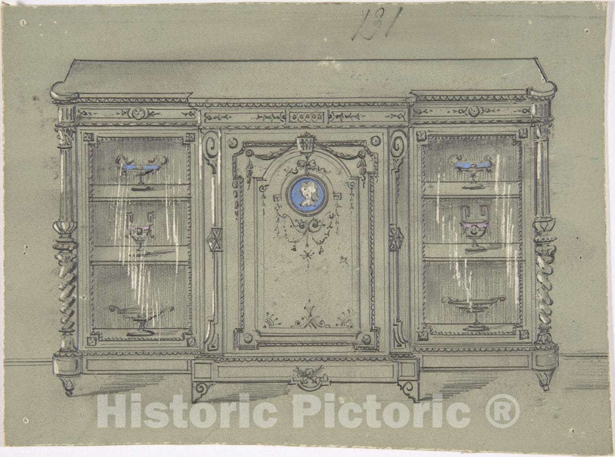 Art Print : British, 19th Century - Design for a Cabinet with Glass Doors and a Porcelain Plaque : Vintage Wall Art