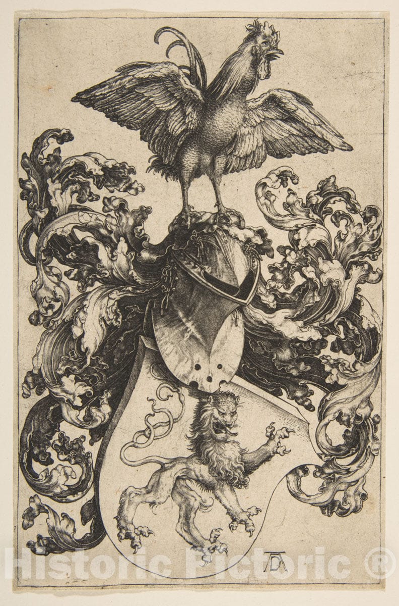 Art Print : Albrecht Dürer - Coat of Arms with a Lion and a Cock : Vintage Wall Art