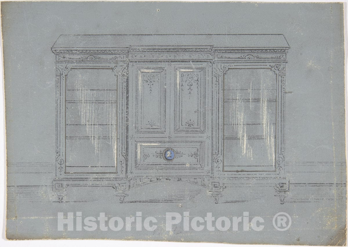 Art Print : British, 19th Century - Design for a Cabinet with Glass Side Doors and a Porcelain Plaque : Vintage Wall Art