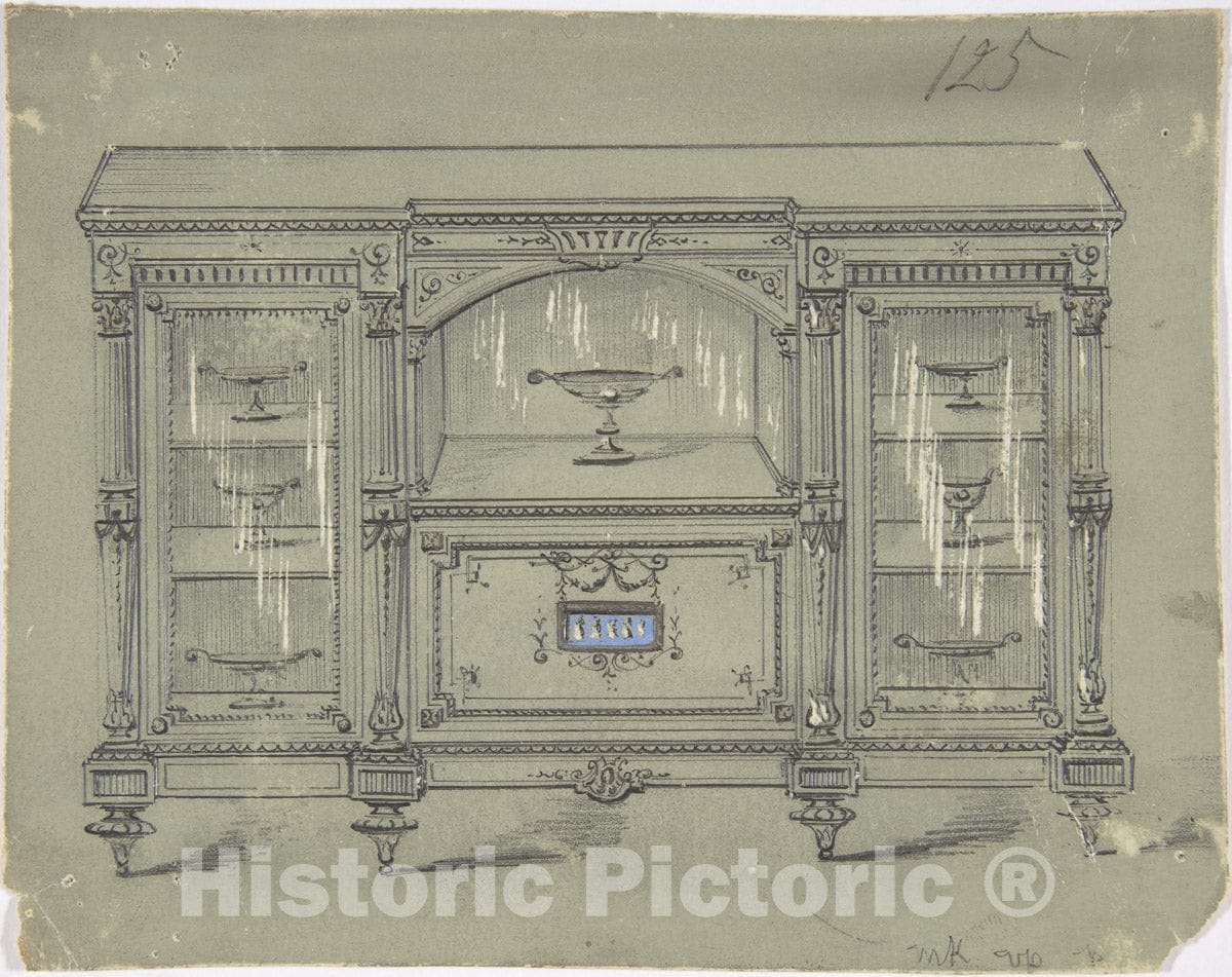 Art Print : British, 19th Century - Design for a Cabinet with Three Glass Doors and a Porcelain Plaque : Vintage Wall Art