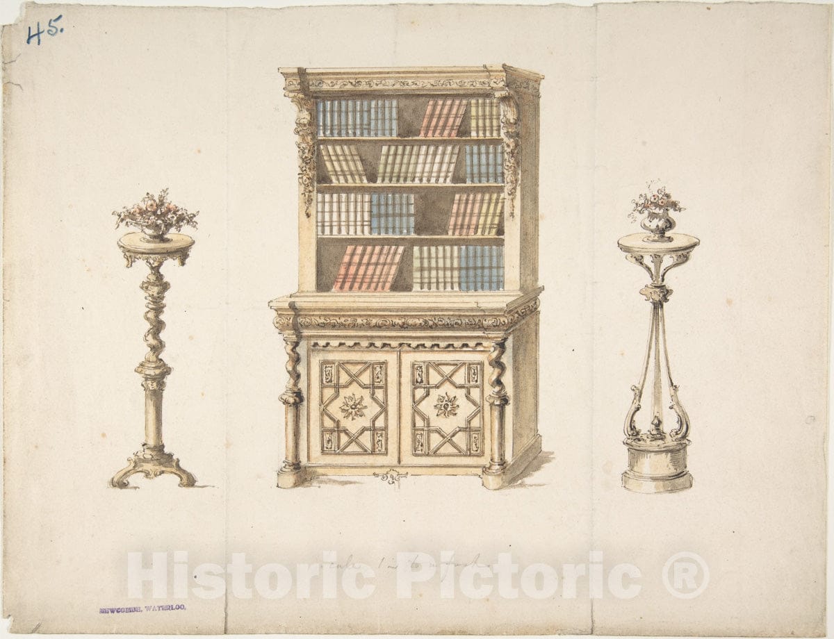Art Print : British, 19th Century - Design for a Cabinet-Bookcase and Two Stands for Flowers : Vintage Wall Art