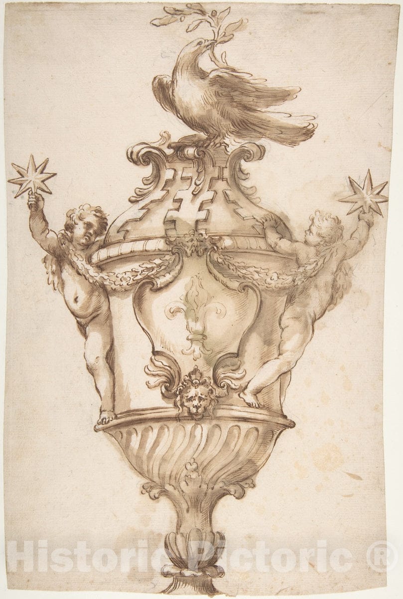 Art Print : Alessandro Algardi - Design for a Covered Vase with The Arms of The Aldobrandini and Pamphilj Families : Vintage Wall Art