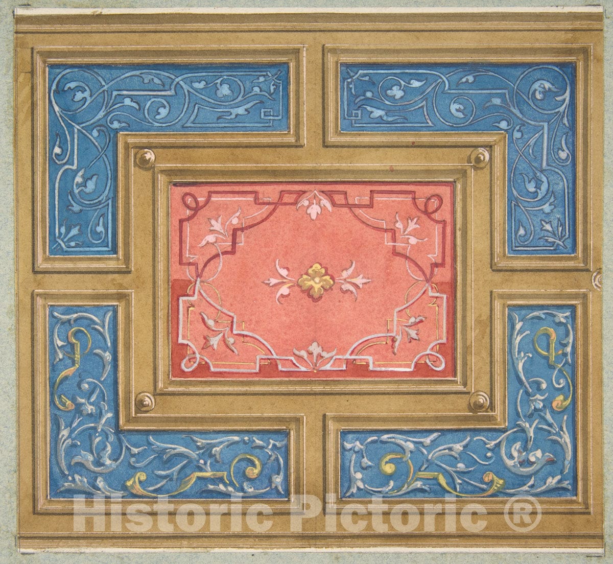 Art Print : Jules-Edmond-Charles Lachaise - Design for a coffered Ceiling with Painted Panels : Vintage Wall Art