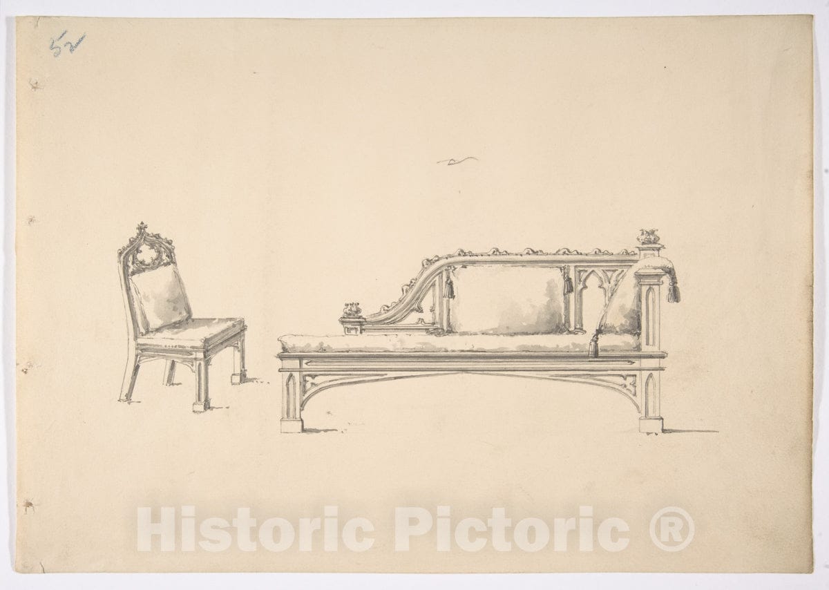 Art Print : British, 19th Century - Design for a One-Armed Gothic Style Sofa and Chair : Vintage Wall Art