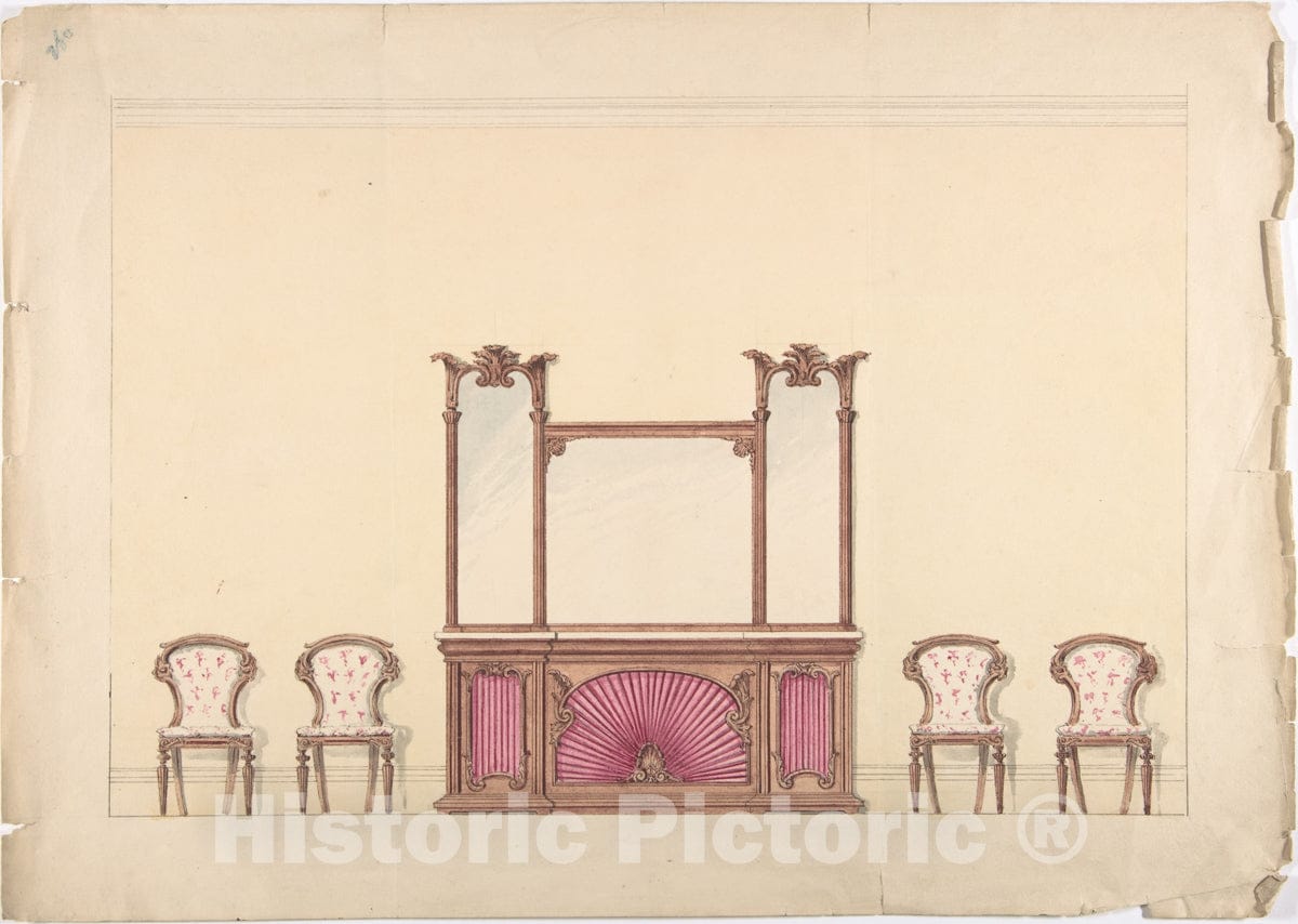 Art Print : British, 19th Century - Design for a Mirrored Cabinet and Four Chairs 2 : Vintage Wall Art