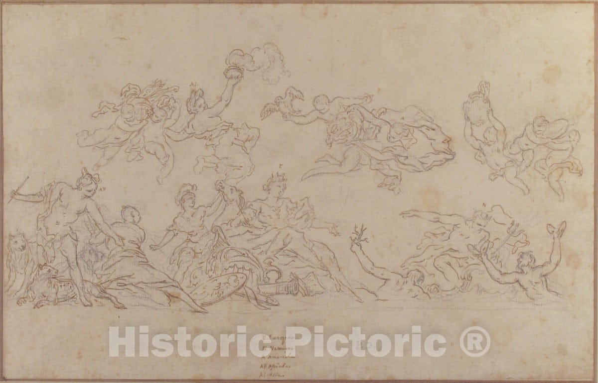 Art Print : Pietro Dandini - Design for a Ceiling Decoration with Neptune and The Four Continents : Vintage Wall Art