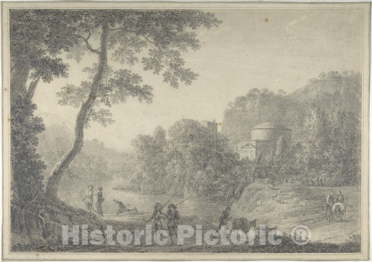 Art Print : Giovanni Battista (Titta) Lusieri - Classical Landscape with Hunters in The Foreground : Vintage Wall Art