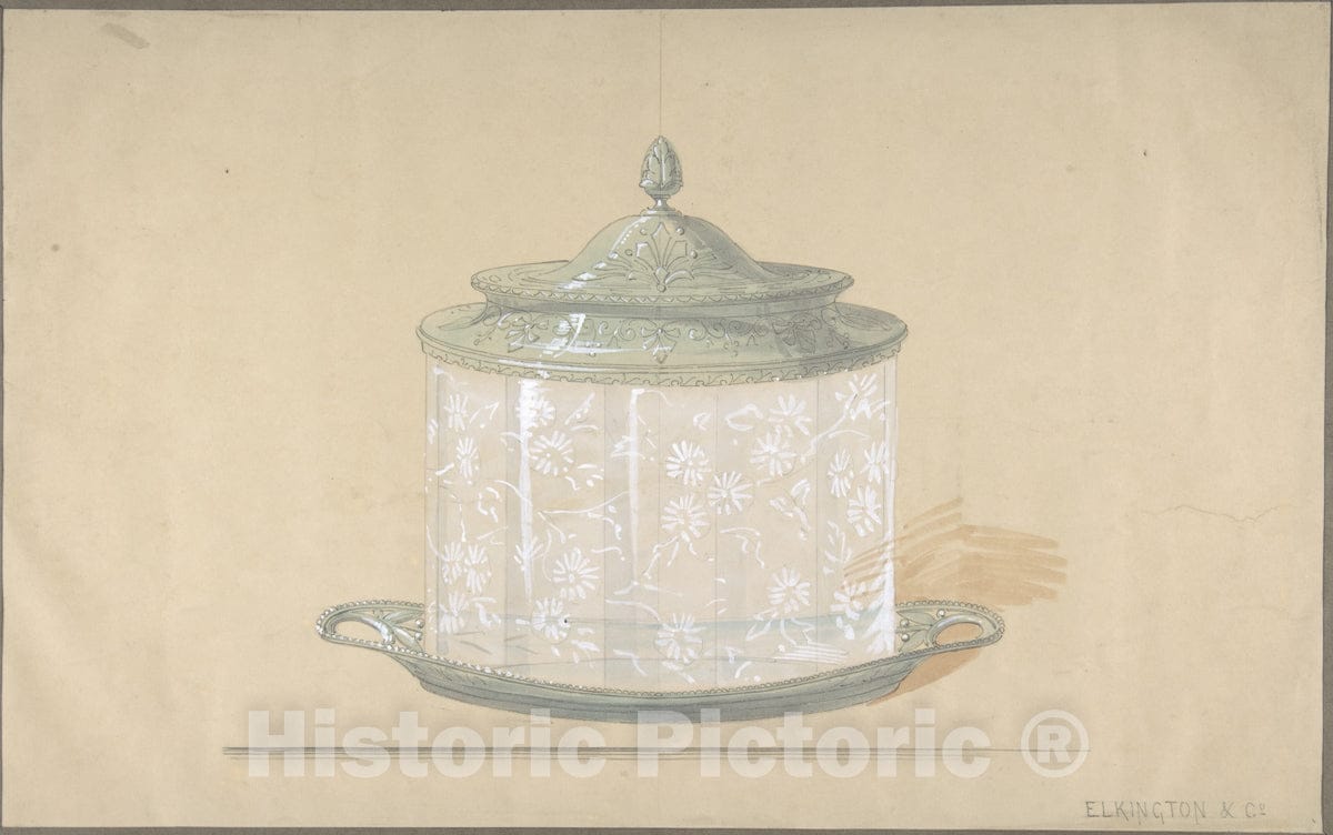Art Print : George Richards Elkington - Design for a Glass Box with a Silver Base and Cover : Vintage Wall Art