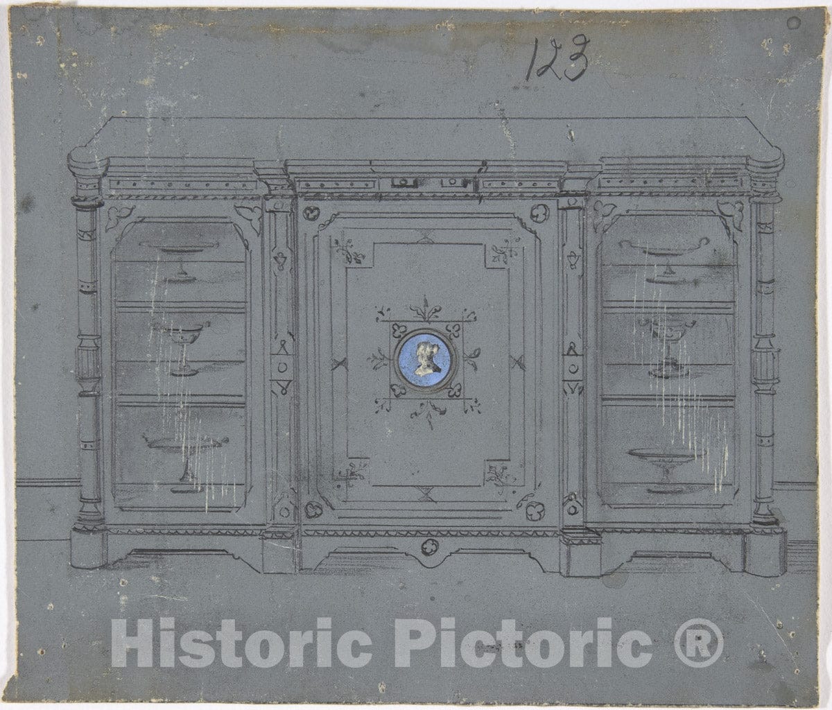 Art Print : British, 19th Century - Design for a Cabinet witha Porcelain Plaque on The Center Panel : Vintage Wall Art