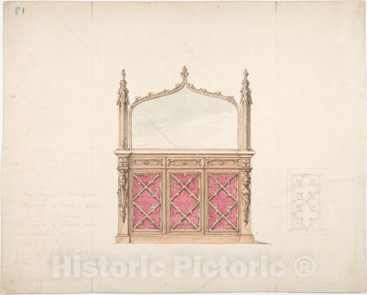 Art Print : British, 19th Century - Design for a Gothic Style Mirrored Cabinet : Vintage Wall Art
