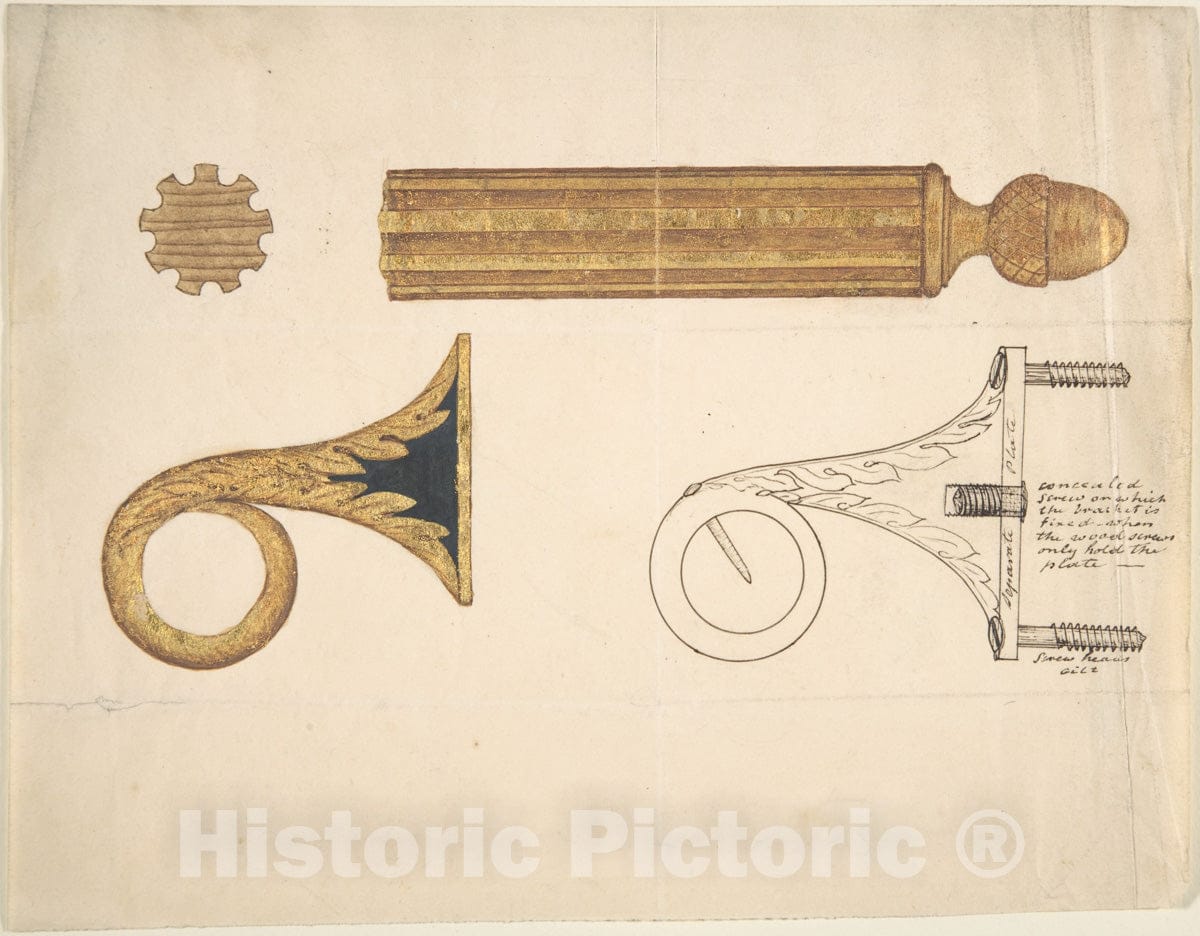 Art Print : British, 19th Century - Design for a Bracket and Rod for Drapery : Vintage Wall Art