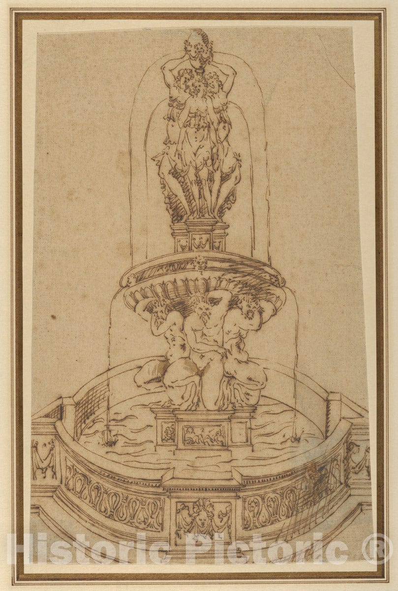 Art Print : Circle of Jacques Androuet Du Cerceau - Design for a Fountain with The Three Graces : Vintage Wall Art