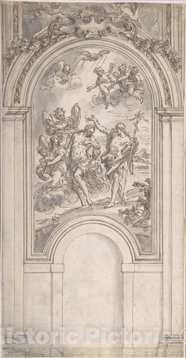 Art Print : Sir James Thornhill - Design for a Baptism of Christ in an Architectural Setting : Vintage Wall Art