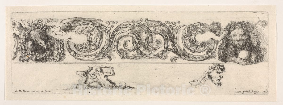 Art Print : Design for a Frieze with Acanthus Scrolls and Two Small Figural Motifs Below - Artist: Stefano Della Bella - Created: c1645 : Vintage Wall Art