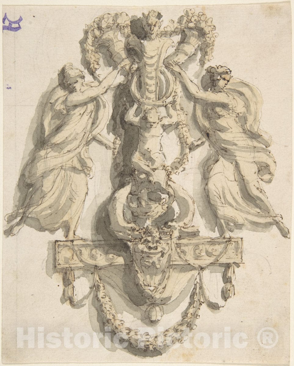 Art Print : Giacomo Rossi - Design for a Door-Knocker (?) with Two Nymphs : Vintage Wall Art