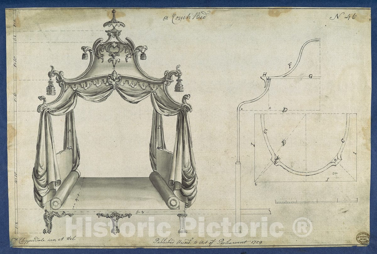 Art Print : Thomas Chippendale - Couch Bed, in Chippendale Drawings, Vol. I : Vintage Wall Art
