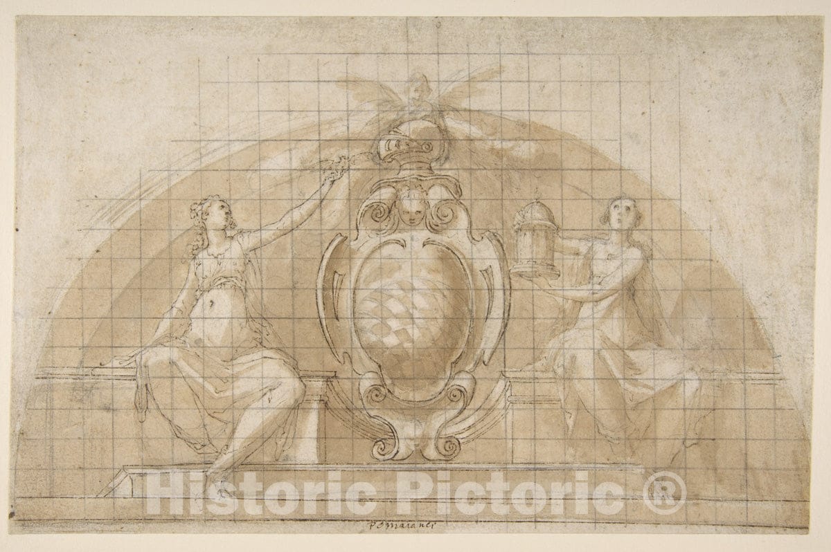 Art Print : Design for a Lunette ation: Coat of Arms Flanked by Seated Allegorical Figures (Recto and Verso) - Artist: Pomarancio (Cristoforo Roncalli) - 1553–1626 : Vintage Wall Art