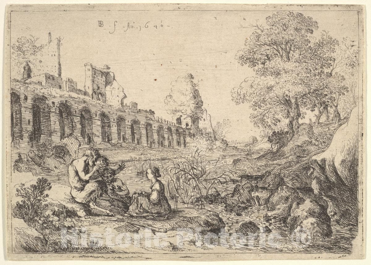 Art Print : Bartholomeus Breenbergh - Corsica Seated Before satyrs on The Bank of a River, from a Pair of Plates for Battista Guarini's 'Il Pastor fido' : Vintage Wall Art