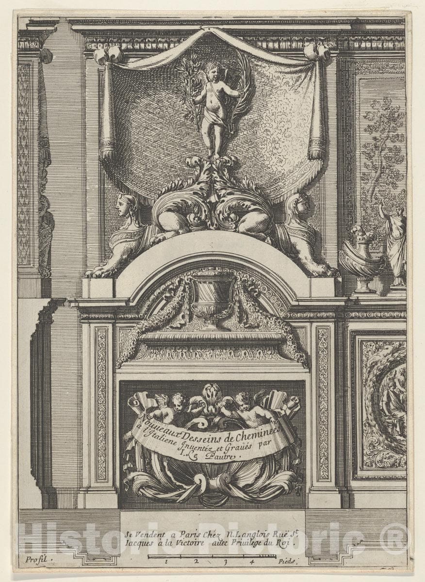 Art Print : Jean Le Pautre - Design for a Fireplace Surmounted by Sphyxes and Cupid, Title Page from: Nouveaux dessins de cheminées à l'italienne : Vintage Wall Art
