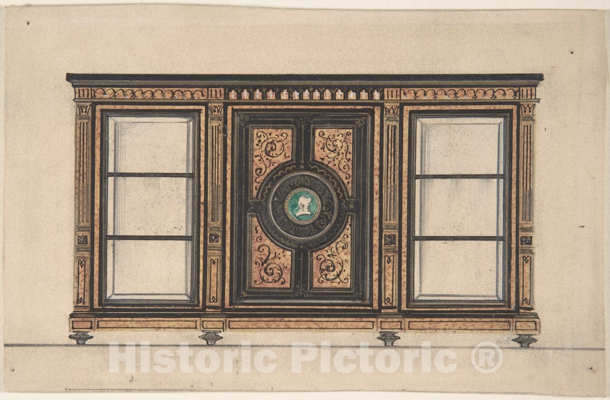 Art Print : British, 19th Century - Design for a Cabinet with Portrait Rondel : Vintage Wall Art
