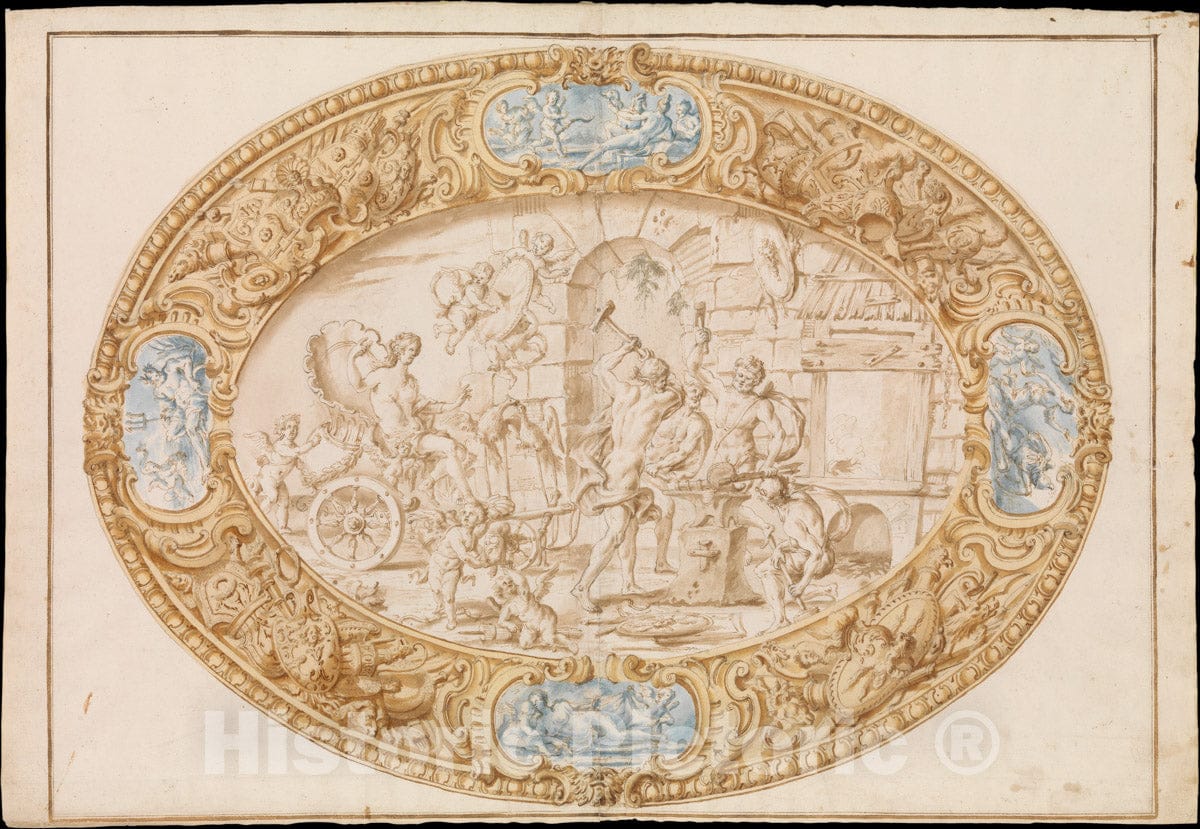 Art Print : Giovanni Giardini - Design (Full-Scale Working Drawing) for a Large Oval Silver Dish with Silver Gilt Border Showing Vulcan's Forge : Vintage Wall Art