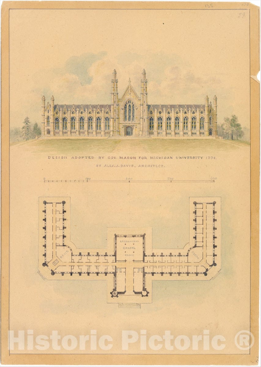 Art Print : Alexander Jackson Davis - Design Adopted by Governor Mason for University of Michigan (Elevation and Plan) : Vintage Wall Art