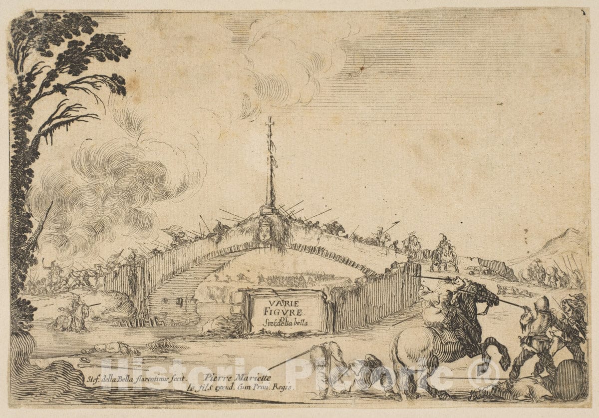 Art Print : Combat on a Bridge, a Horseman and Two footsoldiers - Artist: Stefano Della Bella - Created: c1645 : Vintage Wall Art